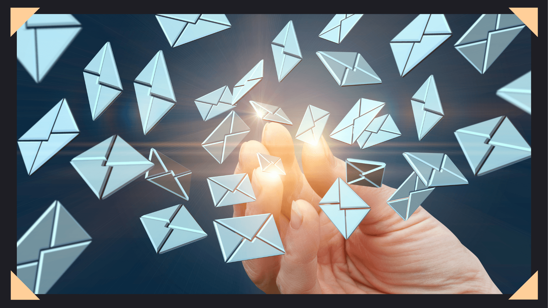 Image of a man's hand releasing a bunch of envelopes into the air in the form of emails