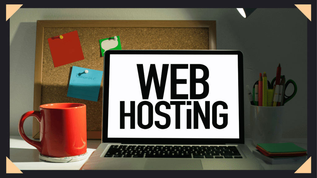 Laptop with the words "web hosting" on the screen