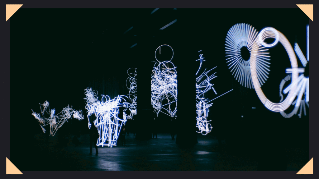 Image with geometrical figures made of artificial light on a dark background