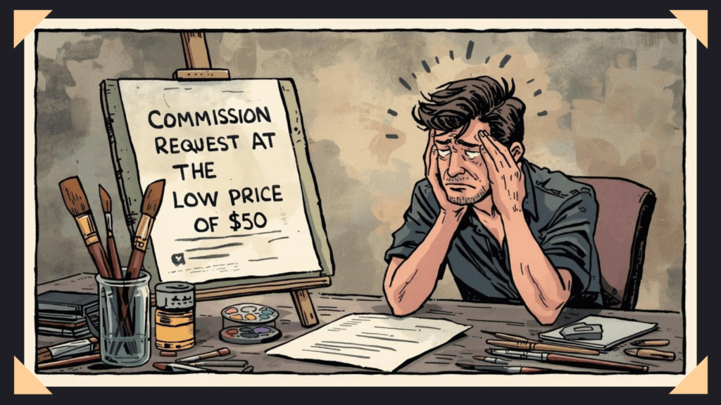 Illustration of a frustrated artist looking at a low art commission request