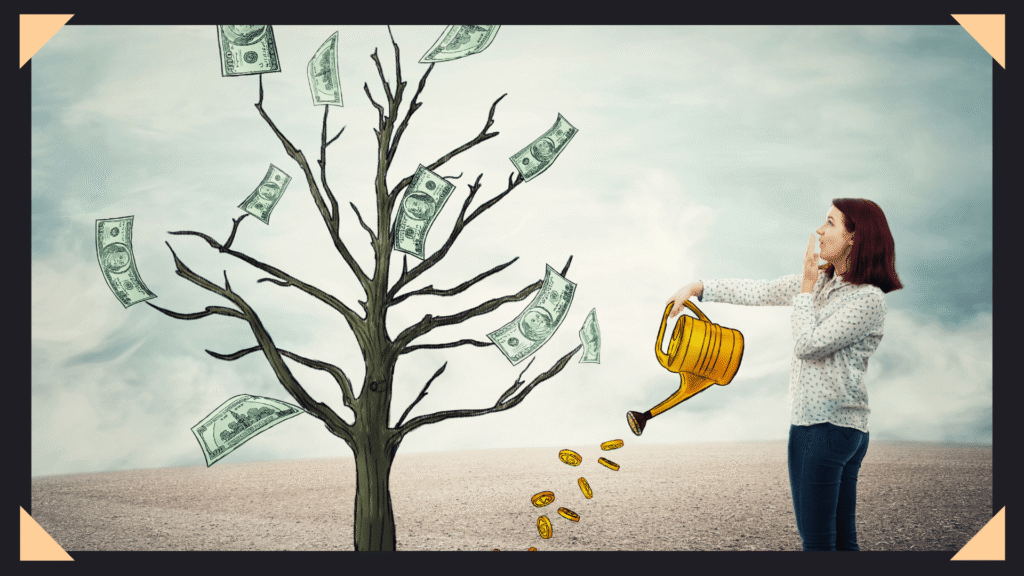 Woman pouring a water bucket of coins on a dollar tree.