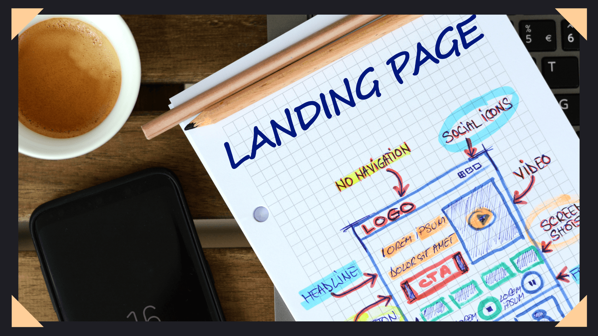 Plan for a landing page on grid page with a cup of coffee