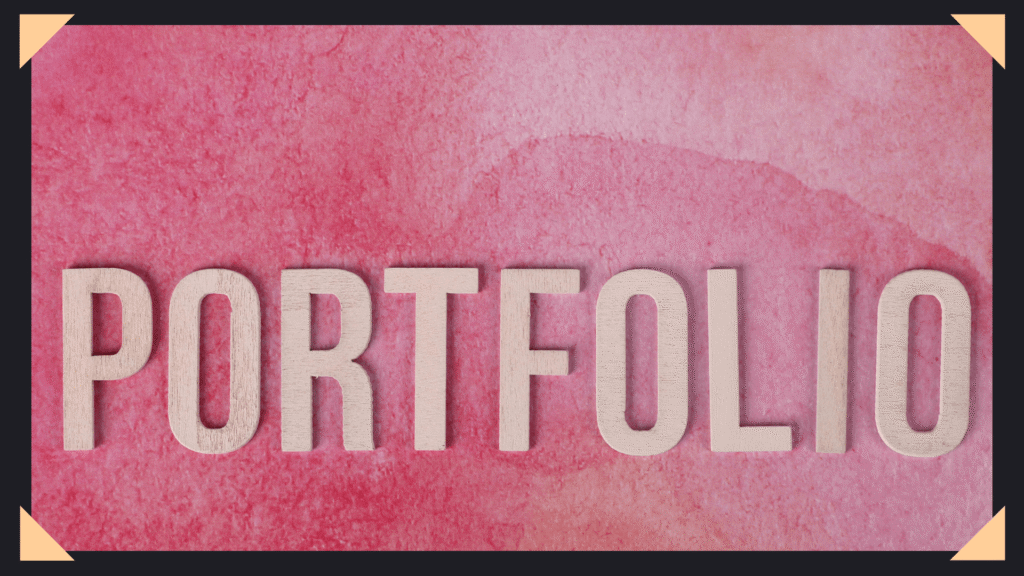 The word "portfolio" on a pink background.